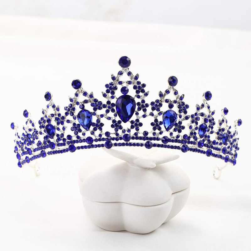 FORSEVEN Crystal Wedding Crown Queen Tiara Bride Crowns for Women Rhinestone Headbands Princess Birthday Party Tiaras Bridal Wedding Accessories (Blue) - Image 2